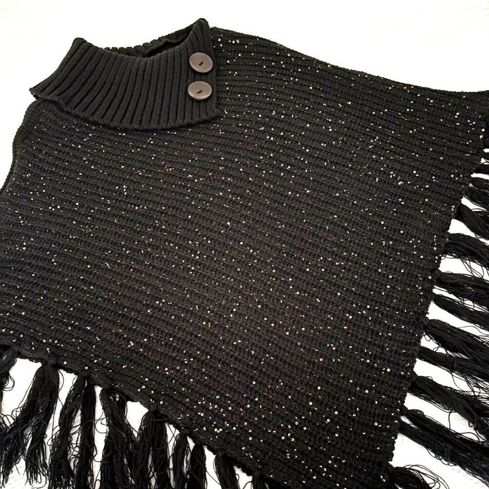 Black sweater knit gold sequined poncho, one size